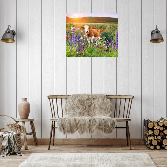 Bright floral landscape with red and white holstein cow shown over a farmhouse style bench