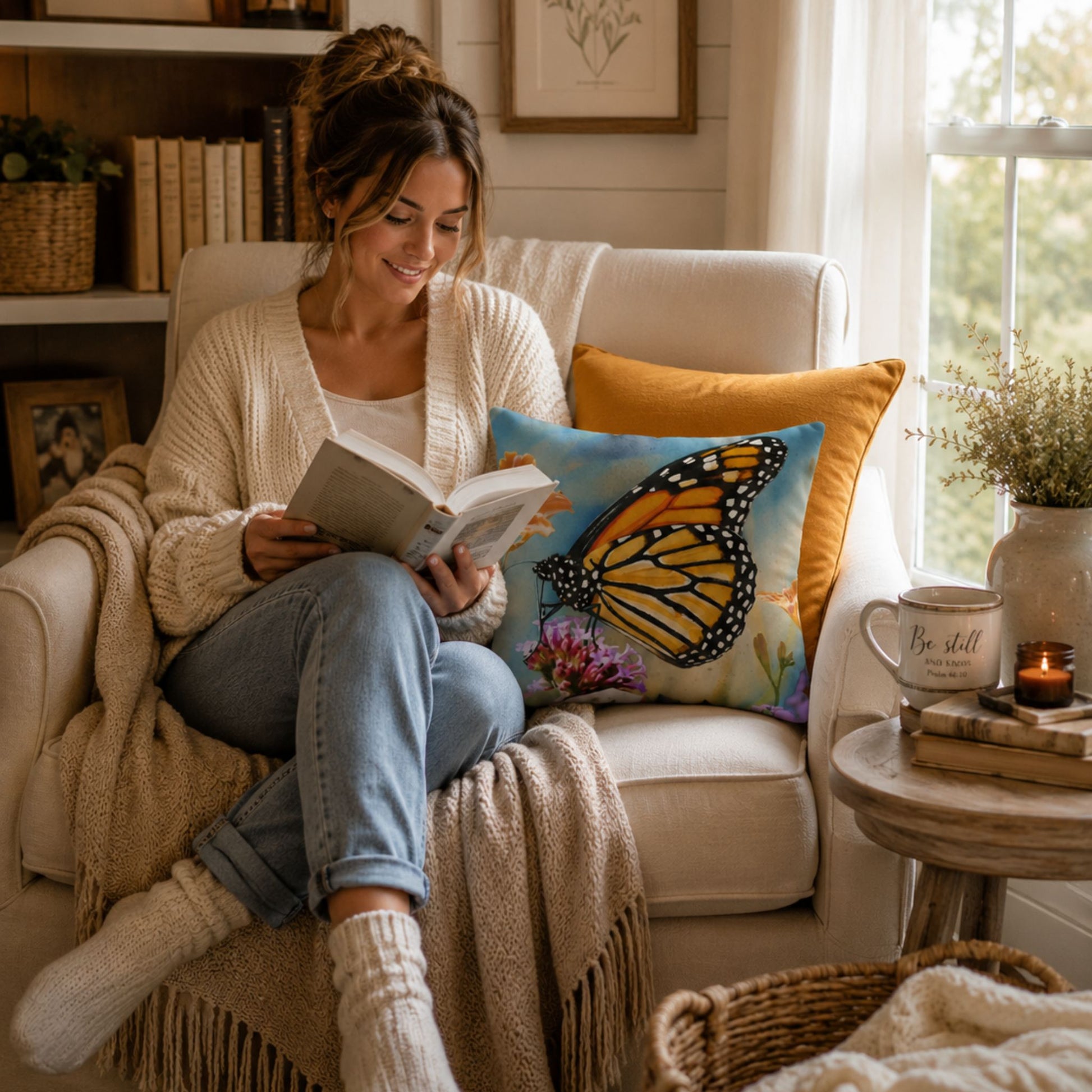 A woman in a cozy reading nook with a mustard gold decorative pillow and a pillow featuring a watercolor blue background with vibrant butterfly and floral pattern