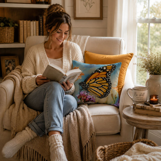 A woman in a cozy reading nook with a mustard gold decorative pillow and a pillow featuring a watercolor blue background with vibrant butterfly and floral pattern