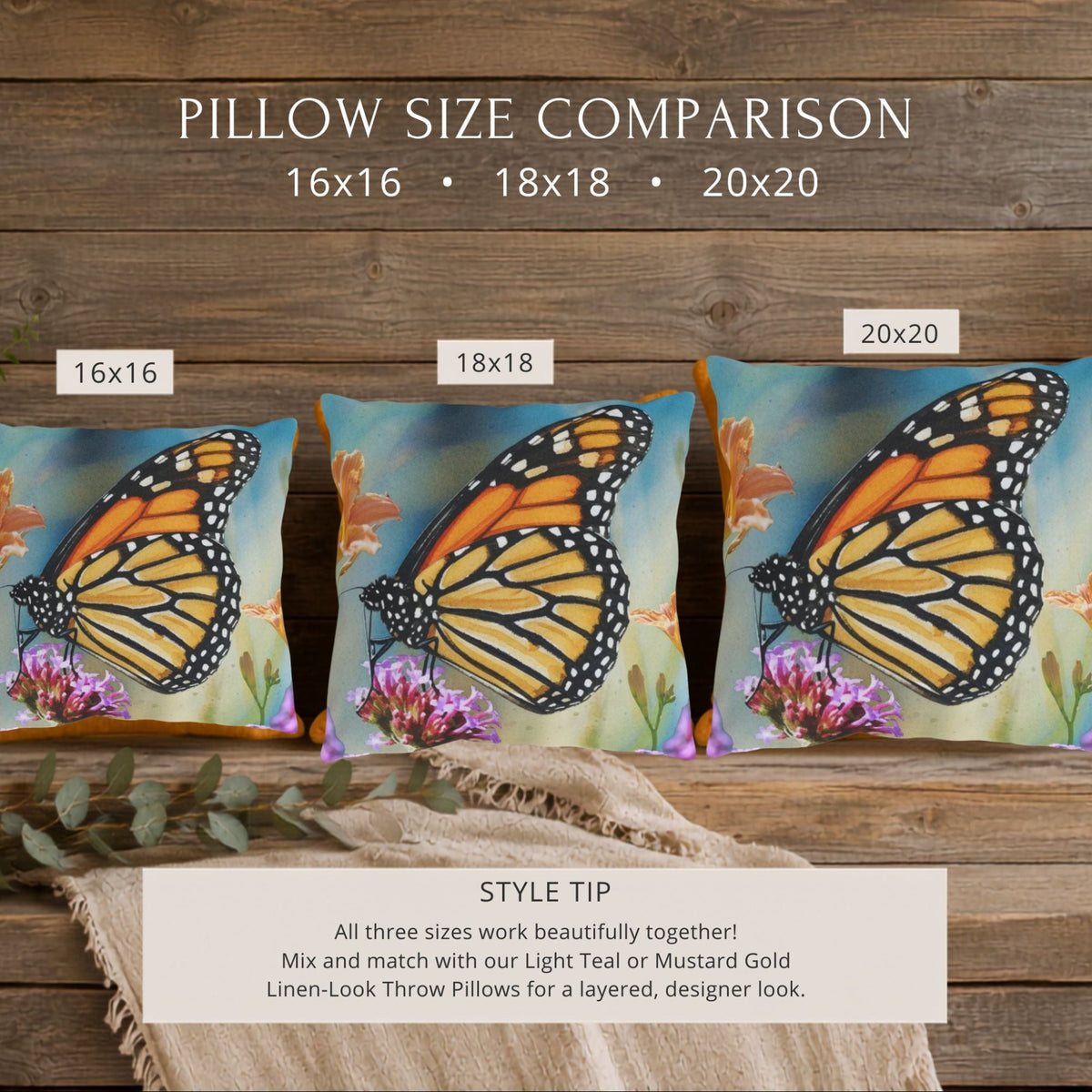 Size chart comparing all three sizes of detailed monarch butterfly pillow
