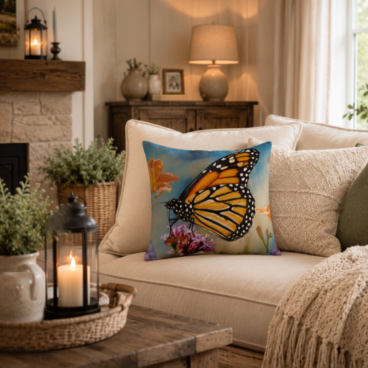 A square decorative throw pillow featuring a detailed monarch butterfly print, styled on a cream-colored sofa in a cozy, warmly lit living room.