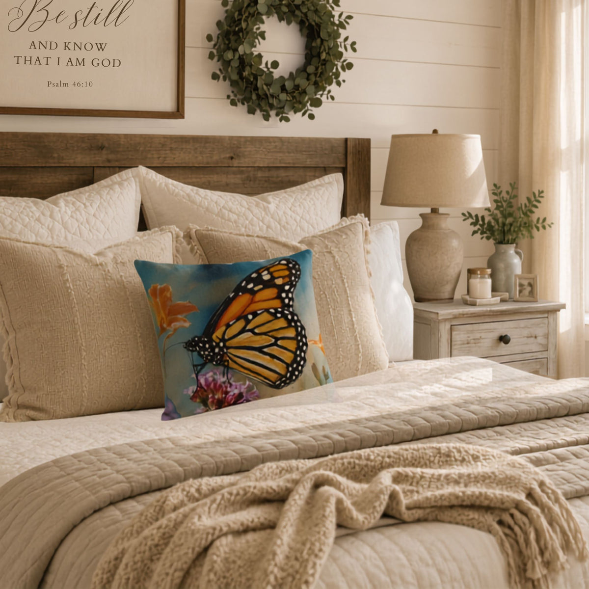 A decorative square throw pillow featuring a vibrant monarch butterfly and floral design, styled on a bed with beige textured pillows and a neutral-toned bedroom background.