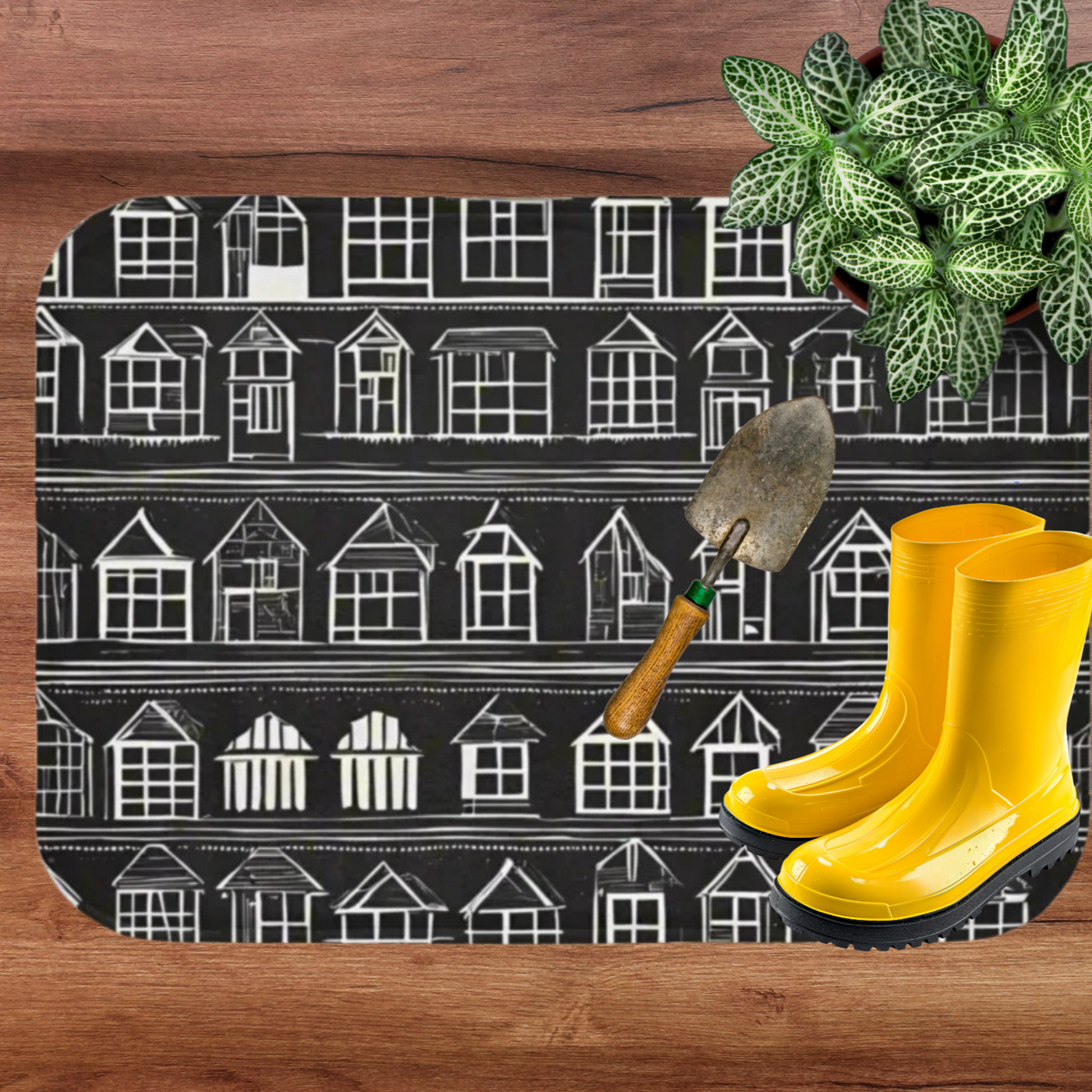 farmhouse rug home sweet home shown with garden supplies and yellow rain boots