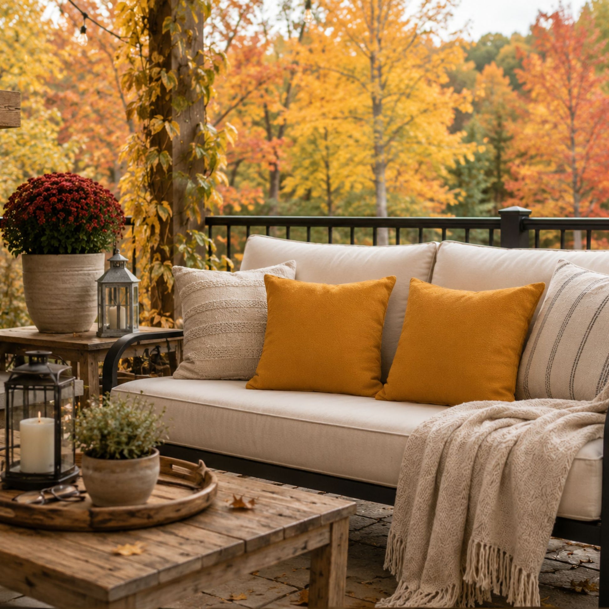 Outdoor patio sofa with cream cushions, two mustard yellow throw pillows, a beige knit throw blanket, and fall foliage in the background.