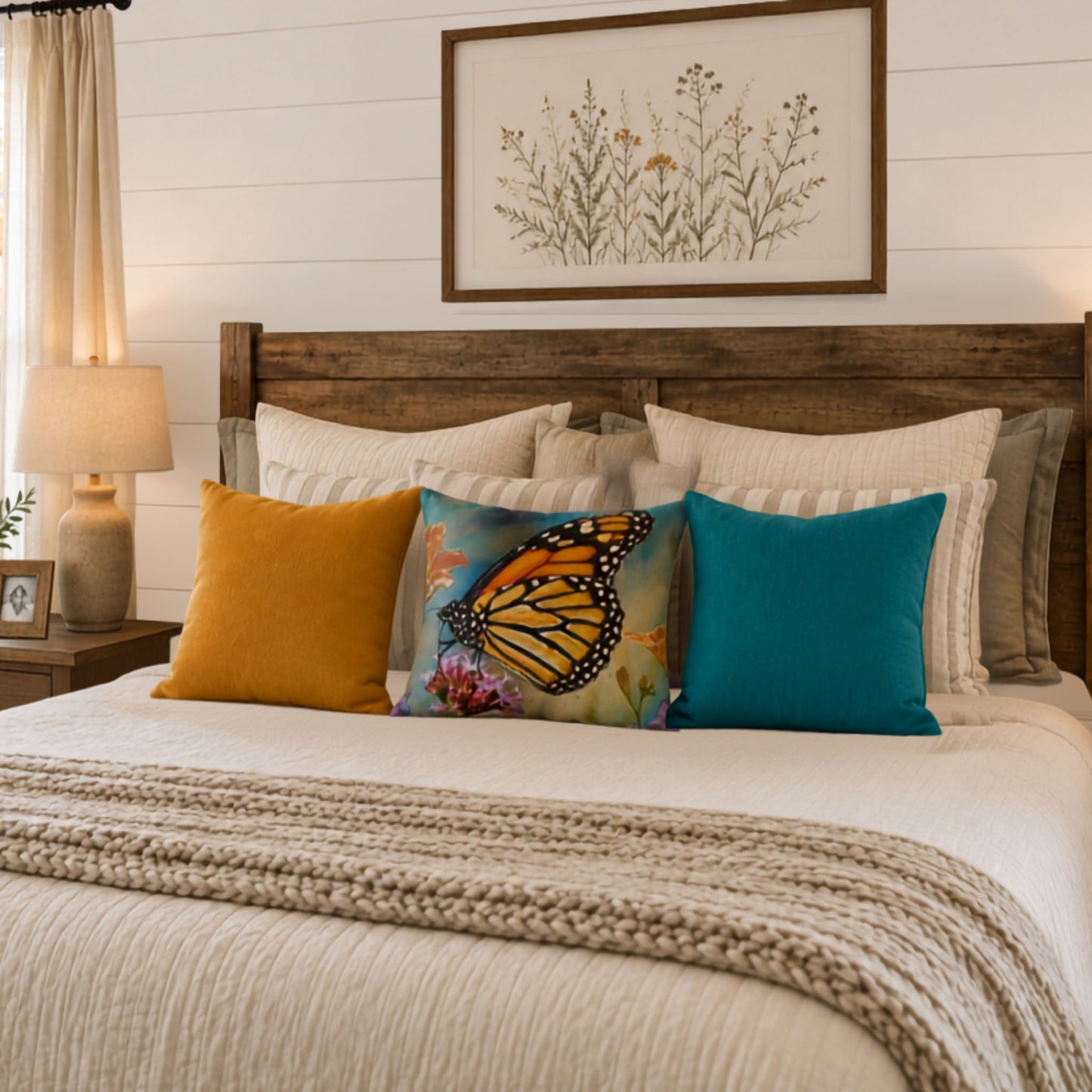 Mustard gold linen-look throw pillow shown on a bed with a teal contrasting pillow and a coordinating monarch butterfly pillow with gold and teal.