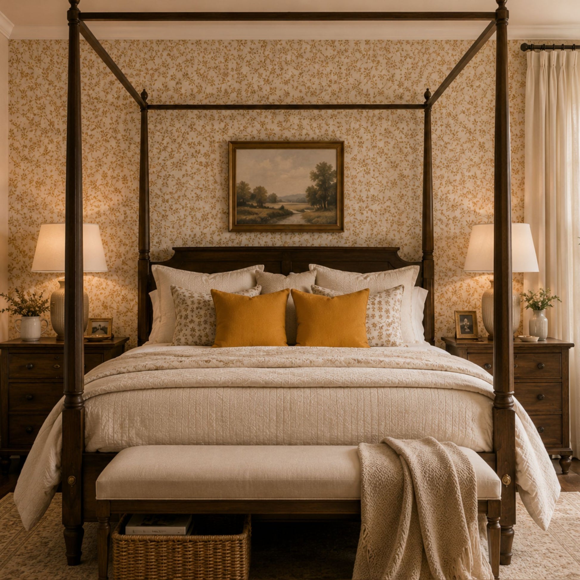 Mustard gold linen-look throw pillows shown on a four-post bed