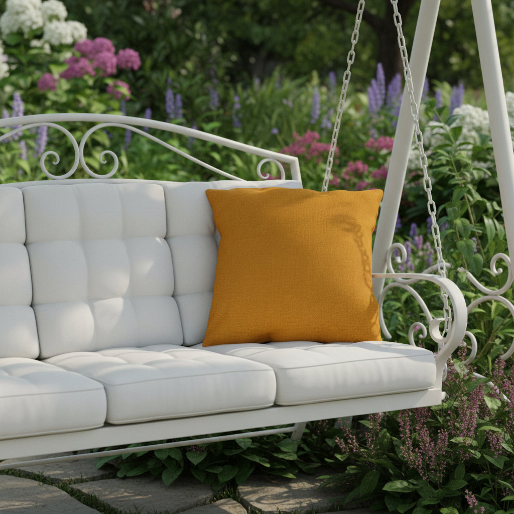 Mustard yellow pillow on a white swing in a colorful garden