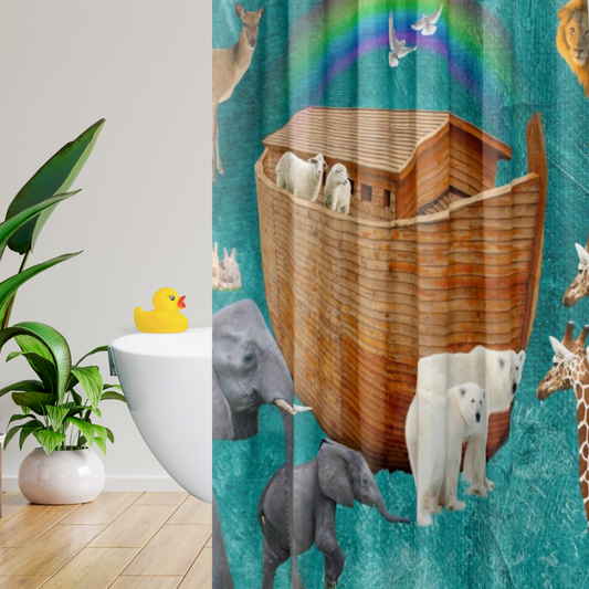 Noah's Ark Rainbow Shower Curtain Shown in a kids bathroom