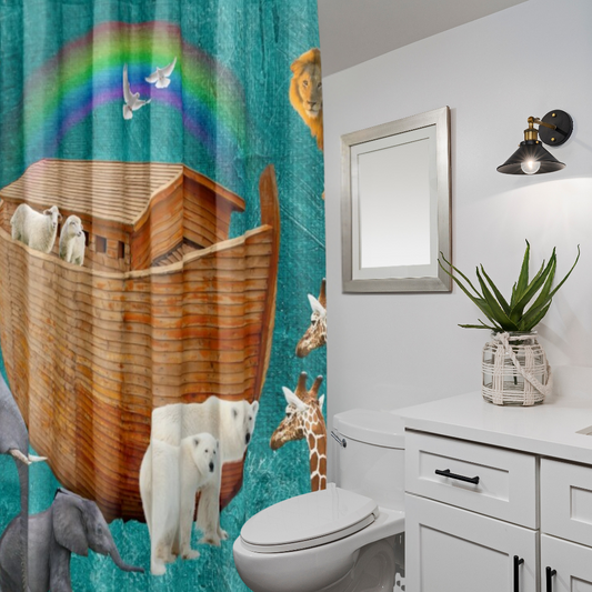Noah's Ark Rainbow Shower Curtain Shown in a white bathroom with a large framed mirror