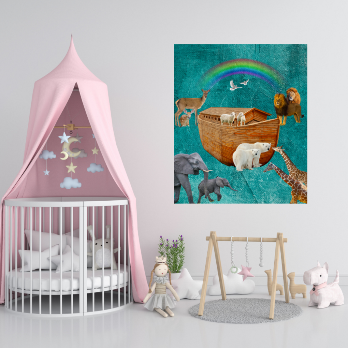 A styled children's nursery scene with a pink canopy crib on the left and a colorful wall art print on the right showing Noah's Ark animals against a teal background. The room includes a wooden swing, plush toys, and soft decor.