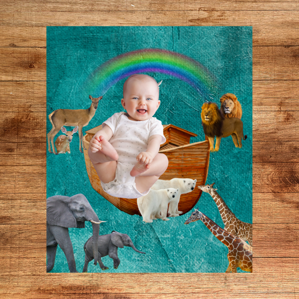 Noah' s Ark Plush Blanket shown on a wood floor with a happy baby curled up on it