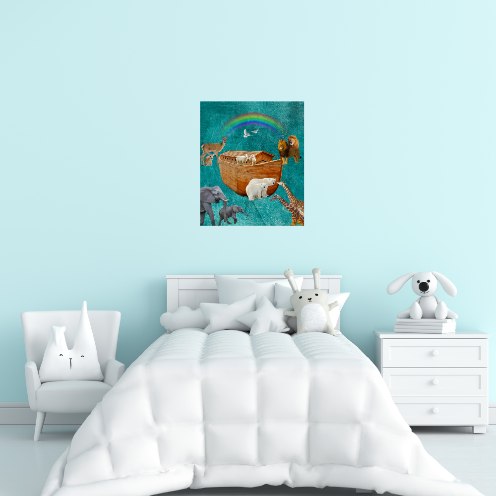 Noah' s Ark Plush Blanket shown in a light blue children's bedroom