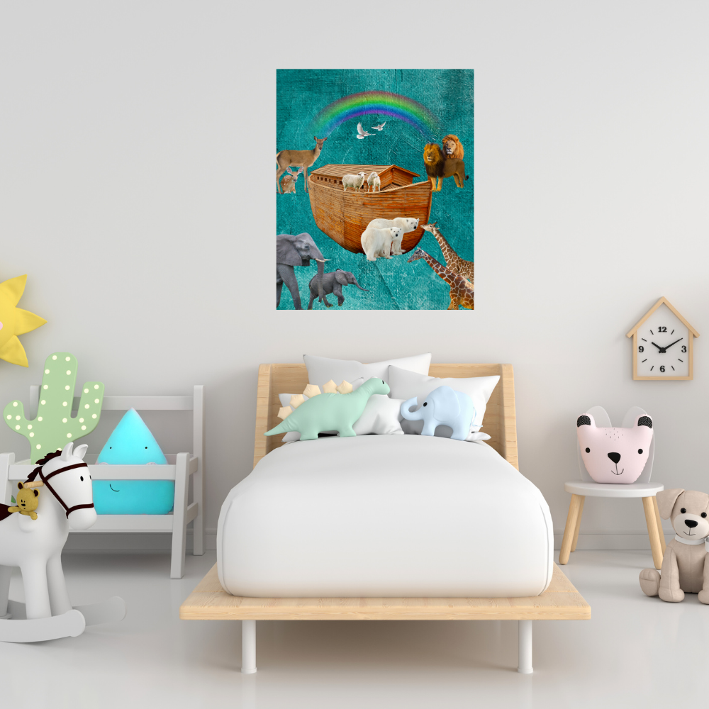 Noah' s Ark Plush Blanket shown in an adorable children's room with a twin bed