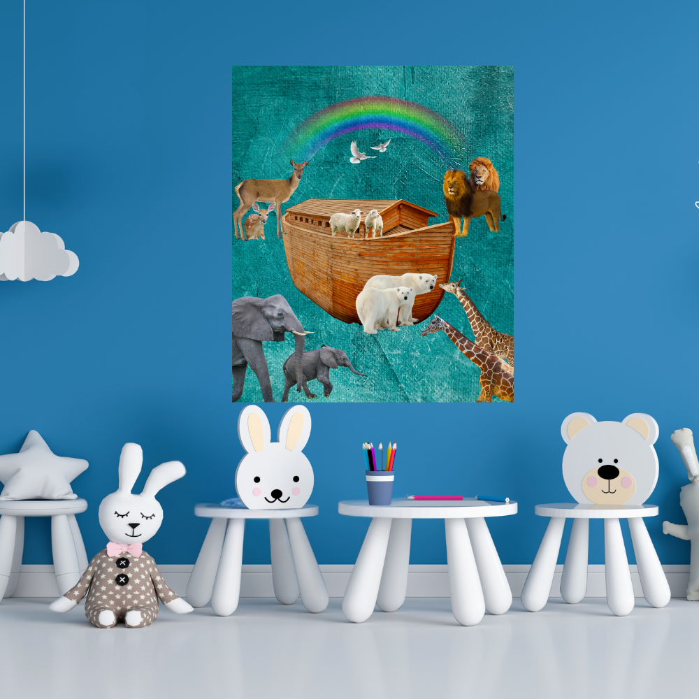 Noah' s Ark Plush Blanket shown in a children's play area with a dark blue wall