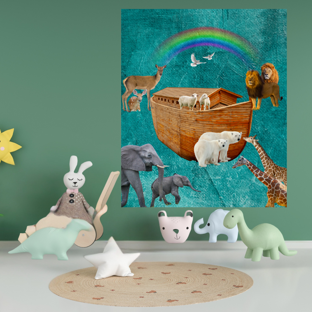 Noah' s Ark Plush Blanket shown in a playroom with a green wall and toys