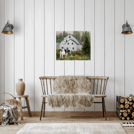 modern farmhouse style  wall art with nostalgic barn and cows  shown  in a farmhouse setting 