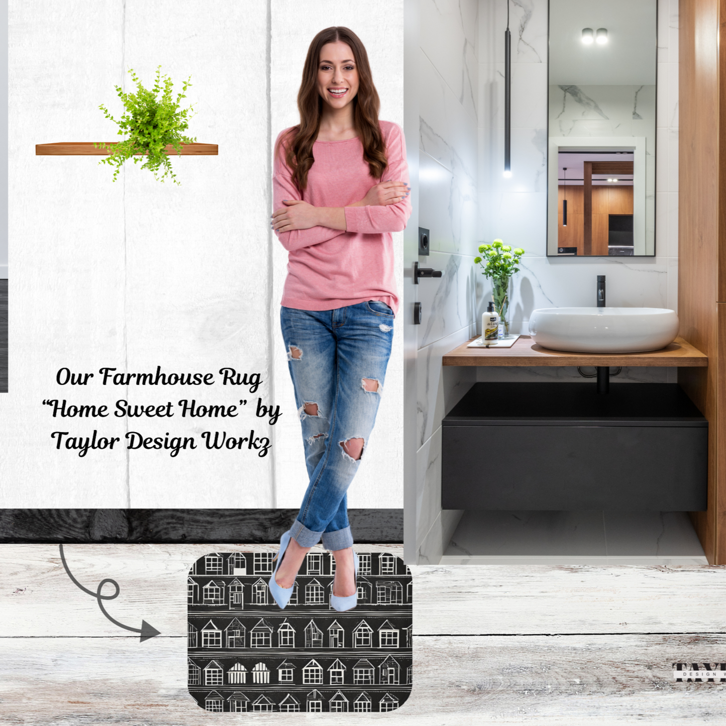 Our farmhouse style rug home sweet home shown with a model in a bathroom