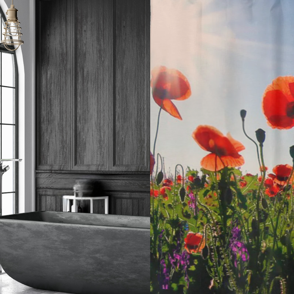 Shown in a luxe style bathroom with a dark wall and tub and a large window