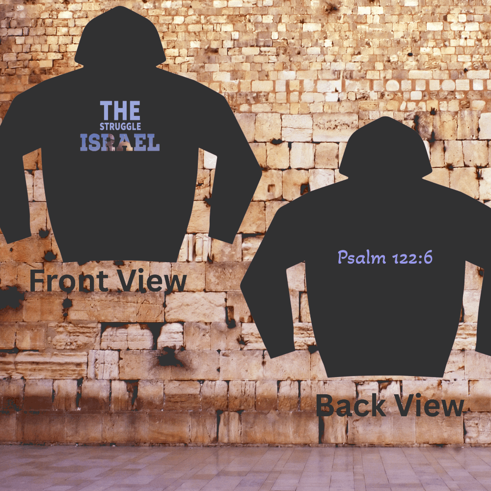 Front and Back view of our unisex hoodie The Struggle Israel