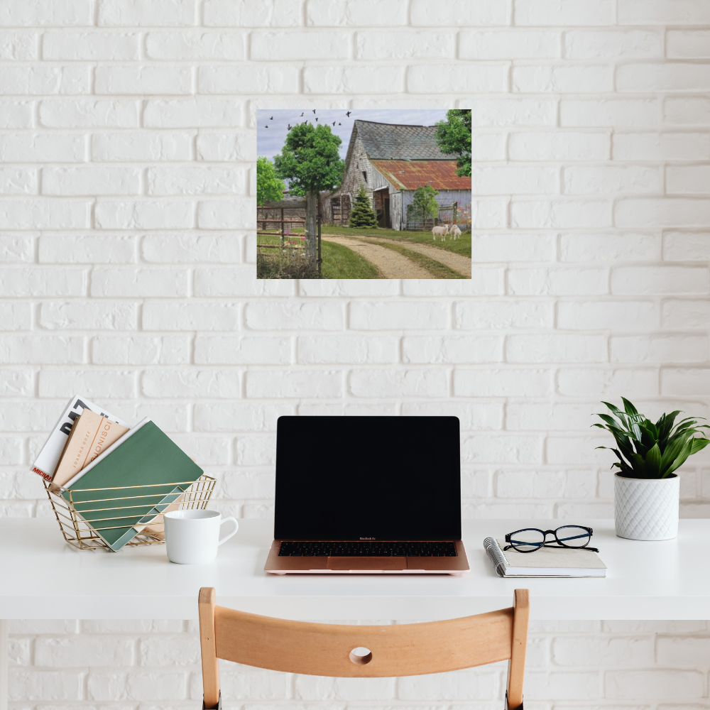 Rustic Landscape with Sheep shown in a modern home office