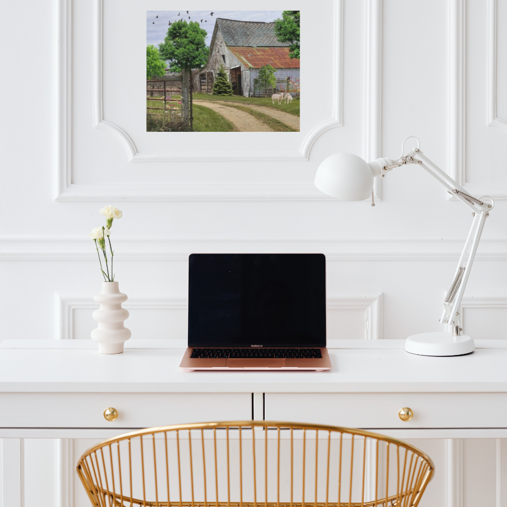 Rustic Landscape with Sheep shown in a modern home office setting