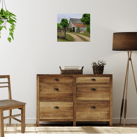 Our Rustic Harmony Wall art featuring a nostalgic barn with sheep pictured above a vintage dresser.