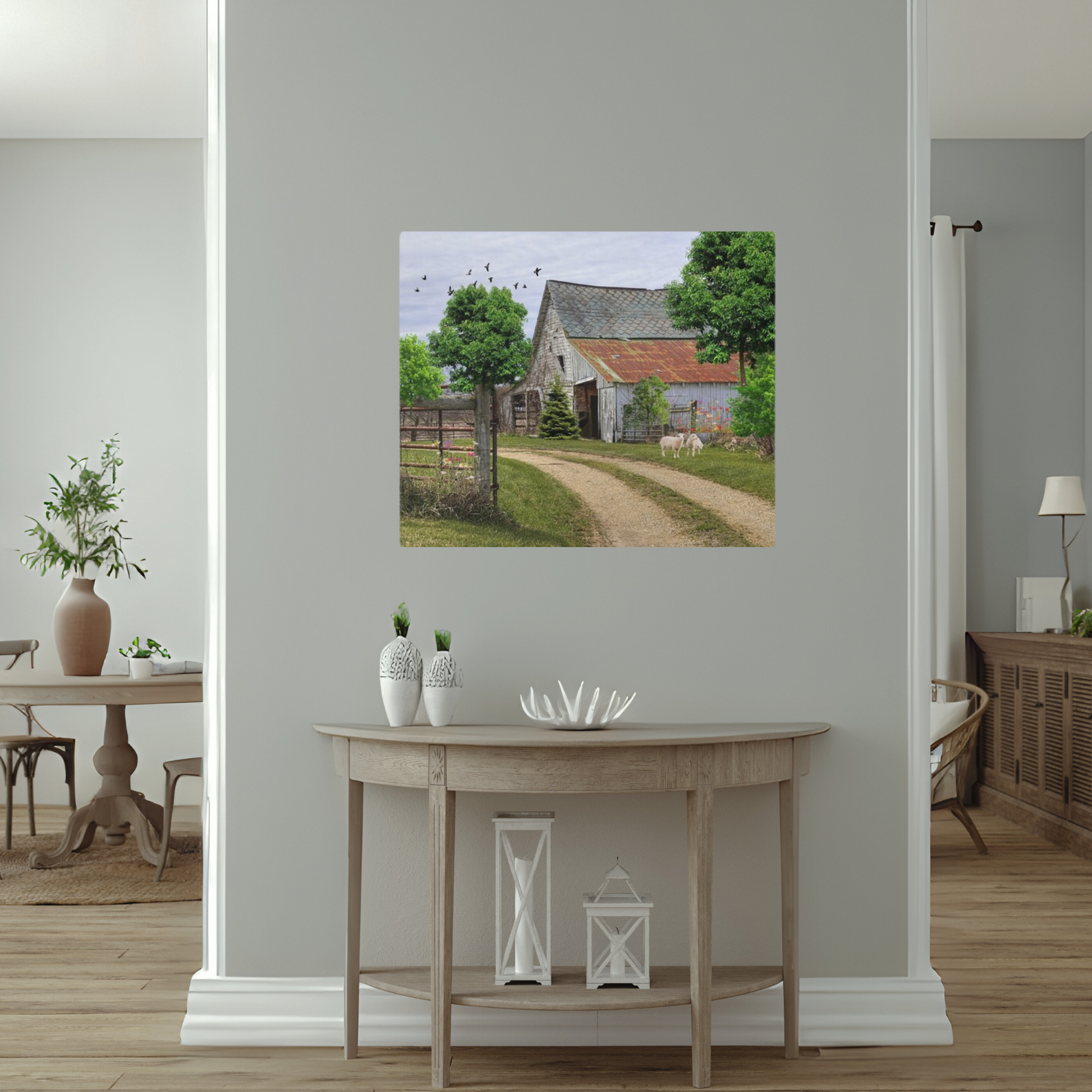 rustic barn landscape with sheep grazing
