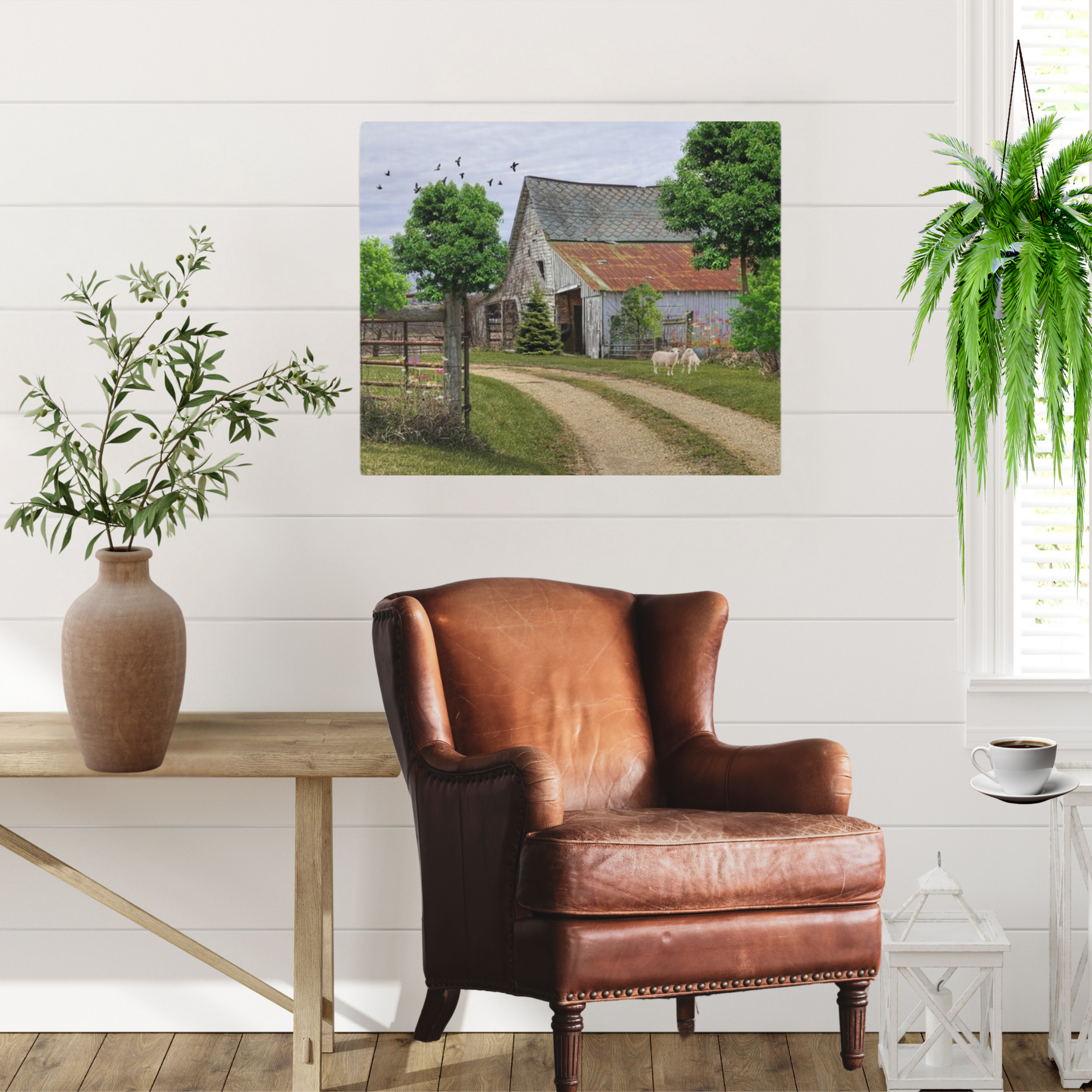 rustic barn landscape with sheep grazing