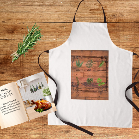 Apron with herb chart shown with kitchen herbs