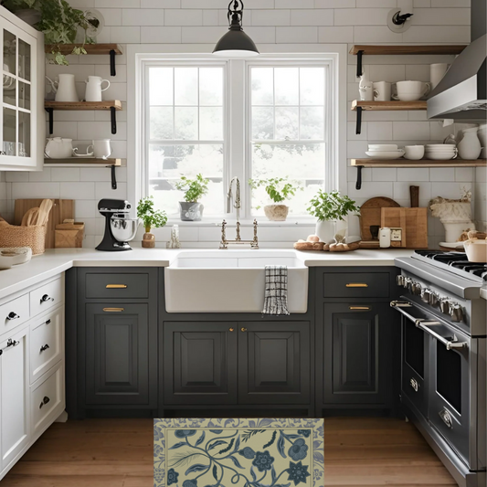 Sage and Blue Floral rug Shown in a Modern Farmhouse style Black and White Kitchen