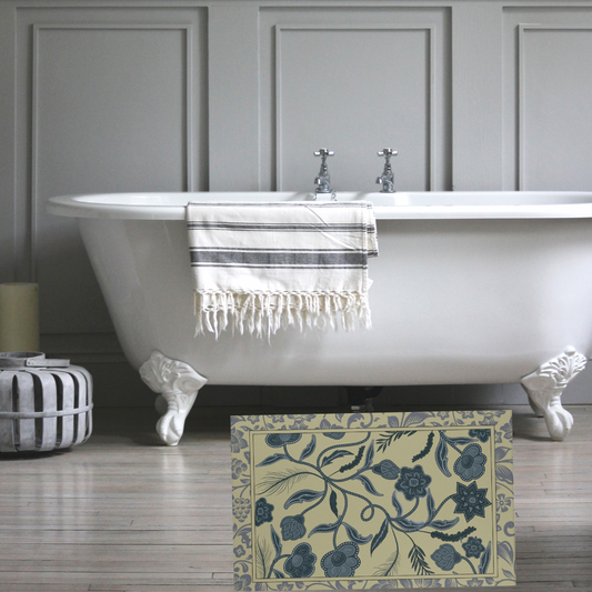 Sage and Blue Floral rug Shown in a Modern Farmhouse style Bathroom