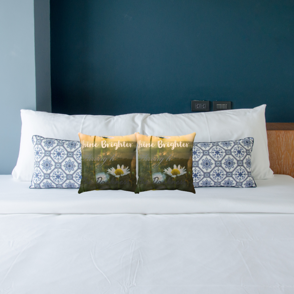 shown in a bedroom with contrasting pillows