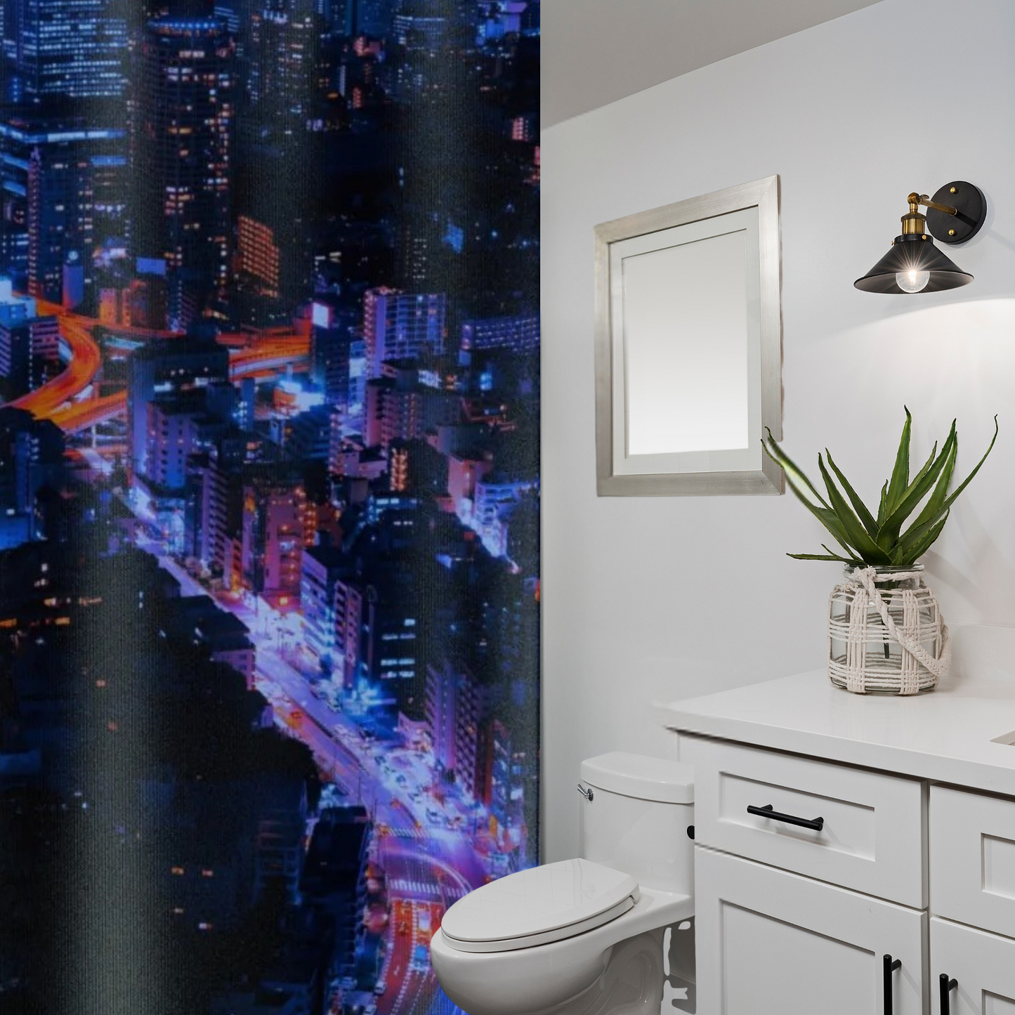 Shower curtain with A bright, vivid blue and deep blue background with red highlights shown in updated bathroom