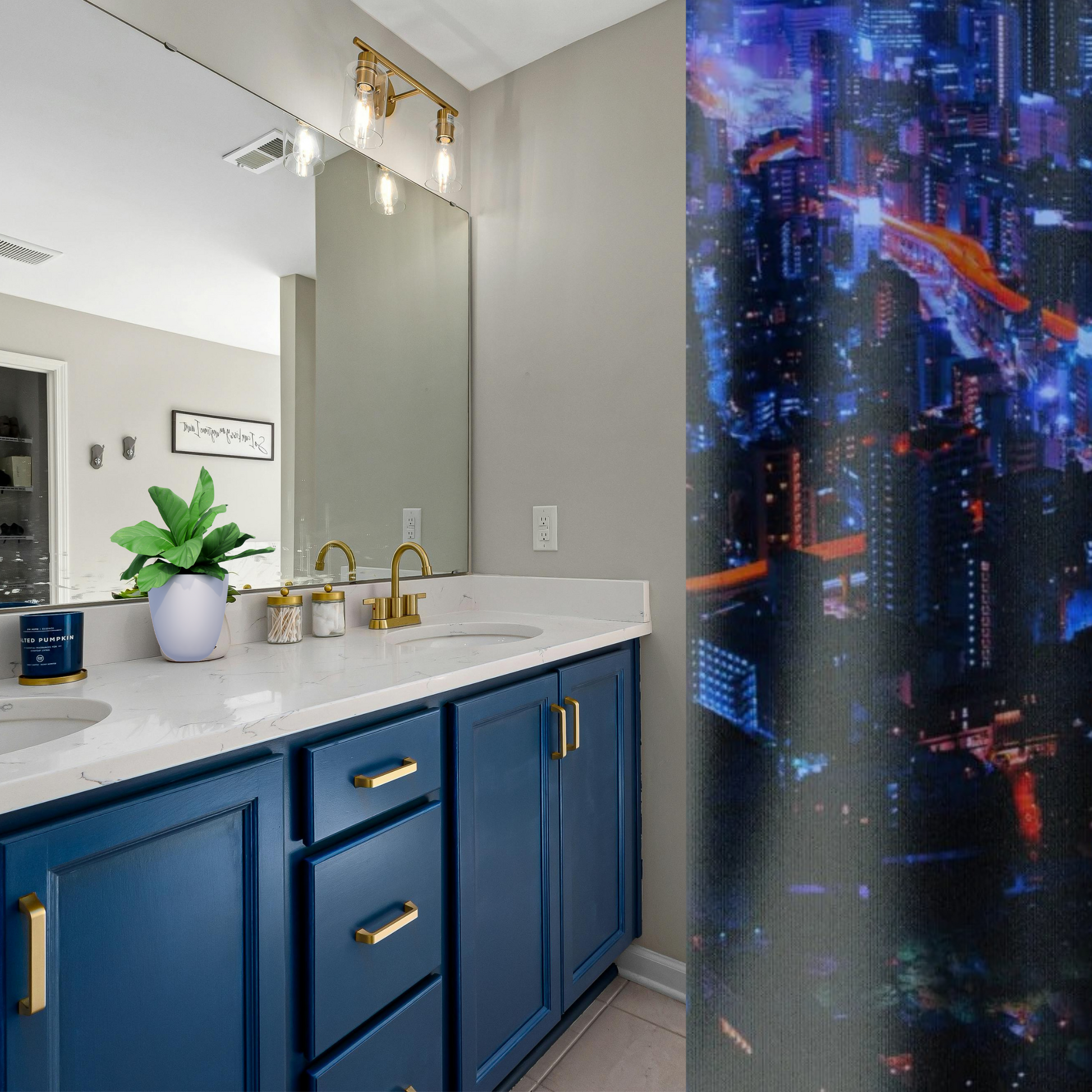 A bright, vivid blue and deep blue background with red lighting shown in a bathroom with a blue vanity