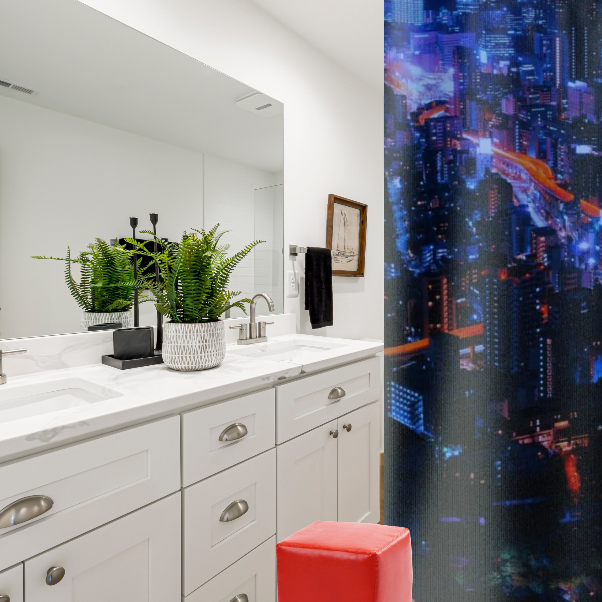 A bright, vivid blue and deep blue background with red lighting in a bathroom with a square red stool