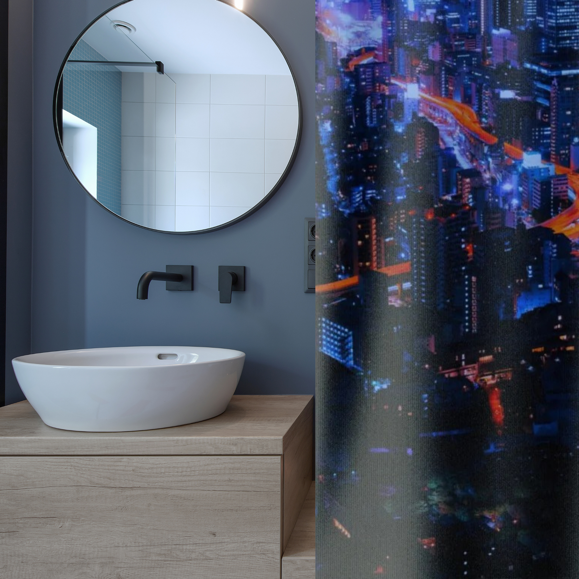 A bright, vivid blue and deep blue background with red cityscape highlights shown in a blue bathroom