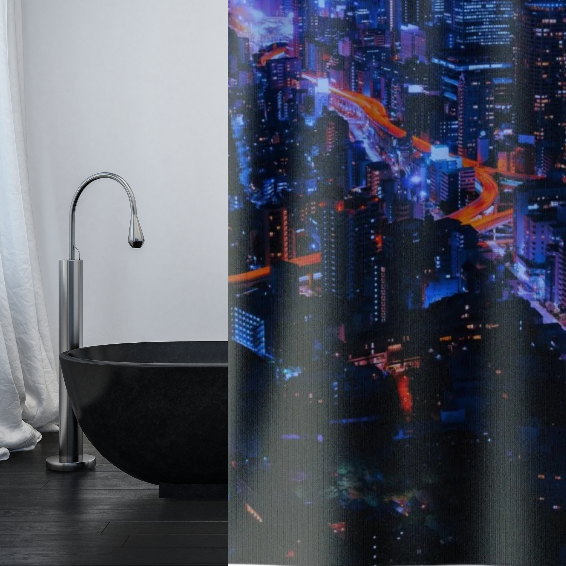 A bright, vivid blue and deep blue background with red lighting shown with a contemporary black tub