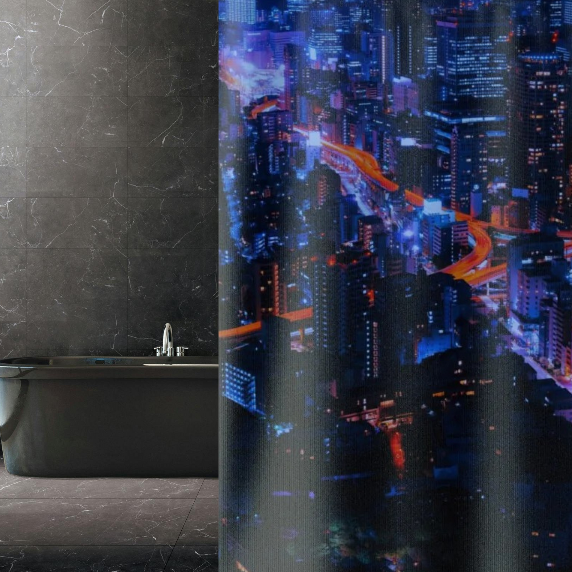 Shower curtain shown A bright, vivid blue and deep blue background with red highlights shown in a charcoal colored bathroom