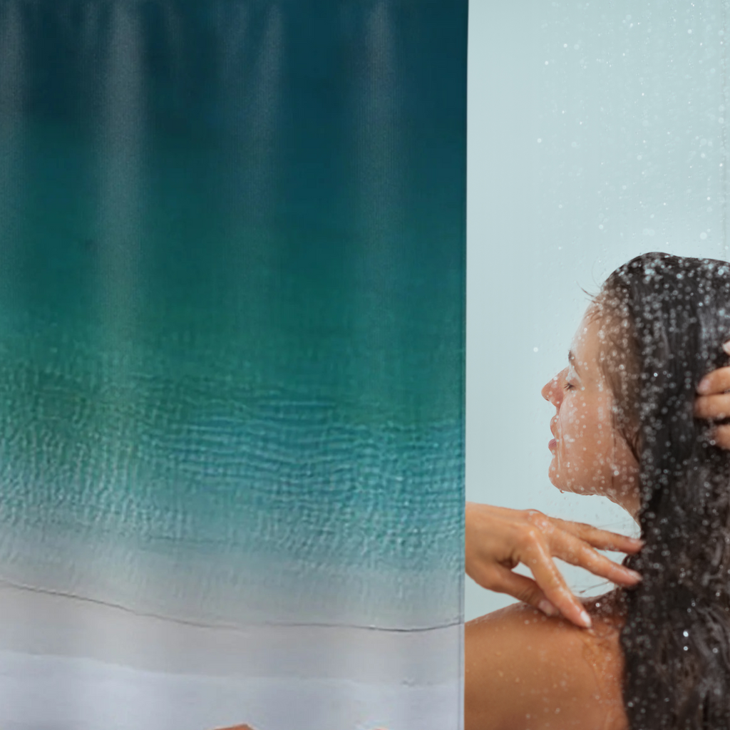 Fading from dark blue at the top to sand color at the bottom with bright orange umbrellas with woman in shower