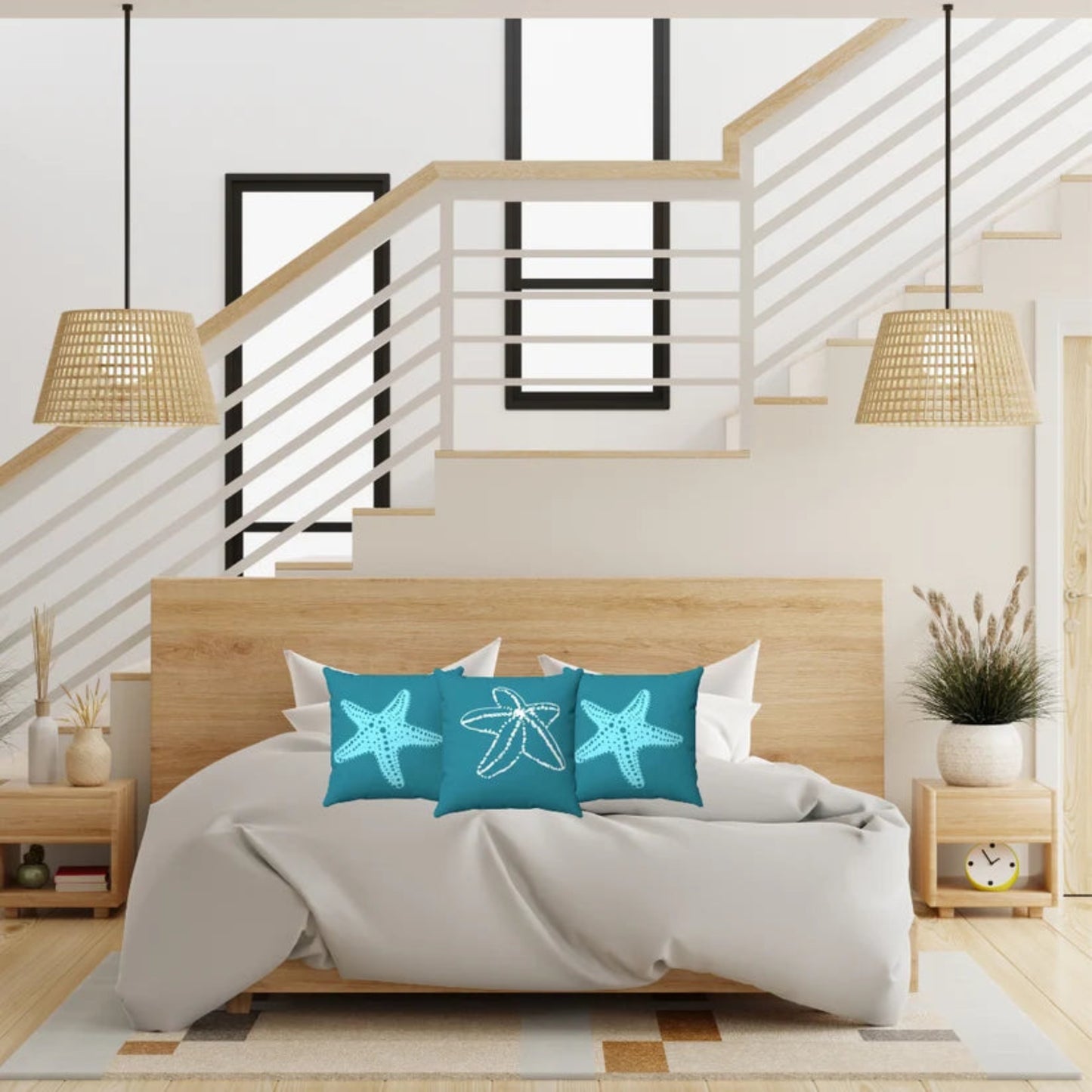 A modern bedroom scene with a wooden bed dressed in light gray bedding and three turquoise starfish-patterned throw pillows. The room includes a staircase, pendant lights, bedside tables, and a plant.