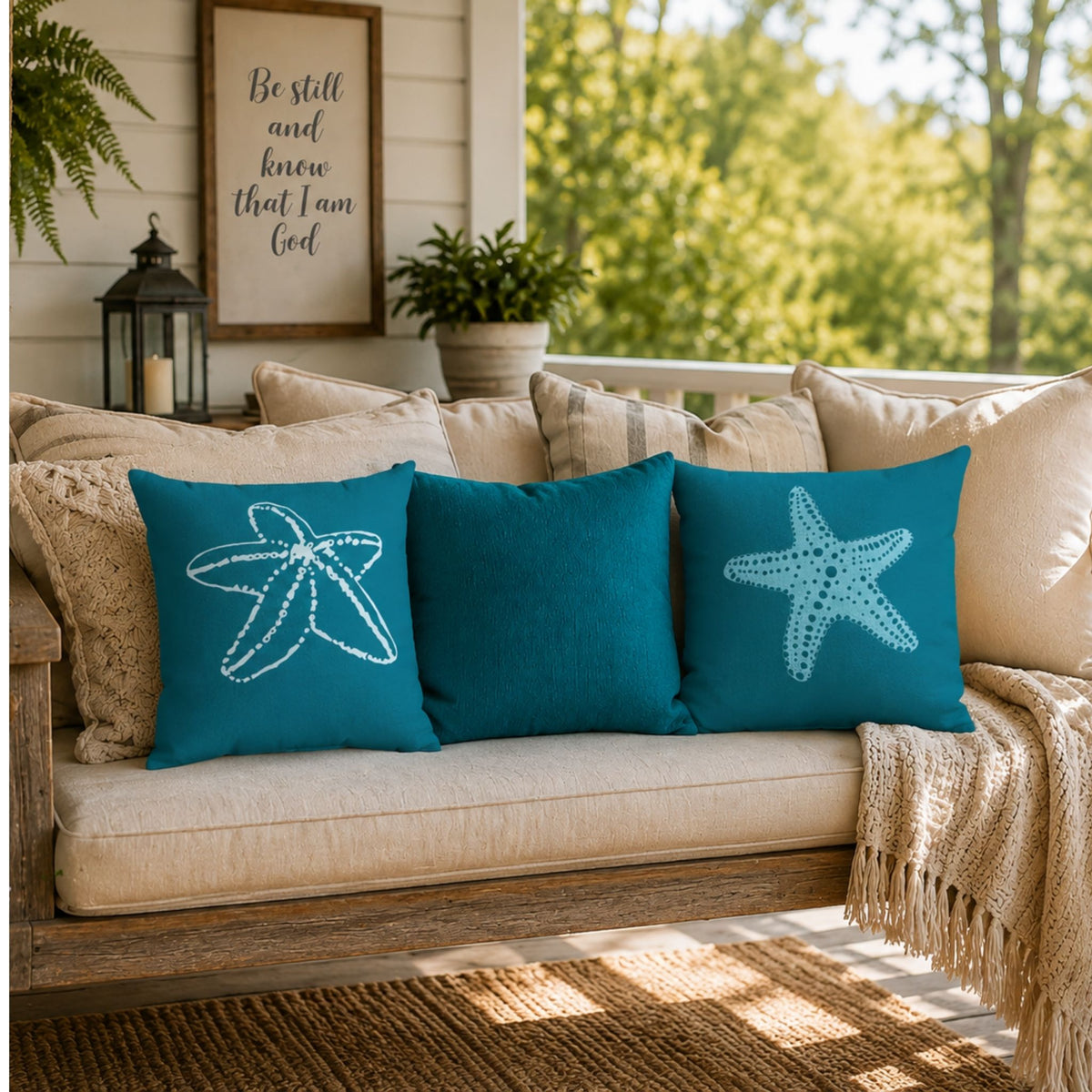 Square Pillow - Blue Starfish Reversible Print