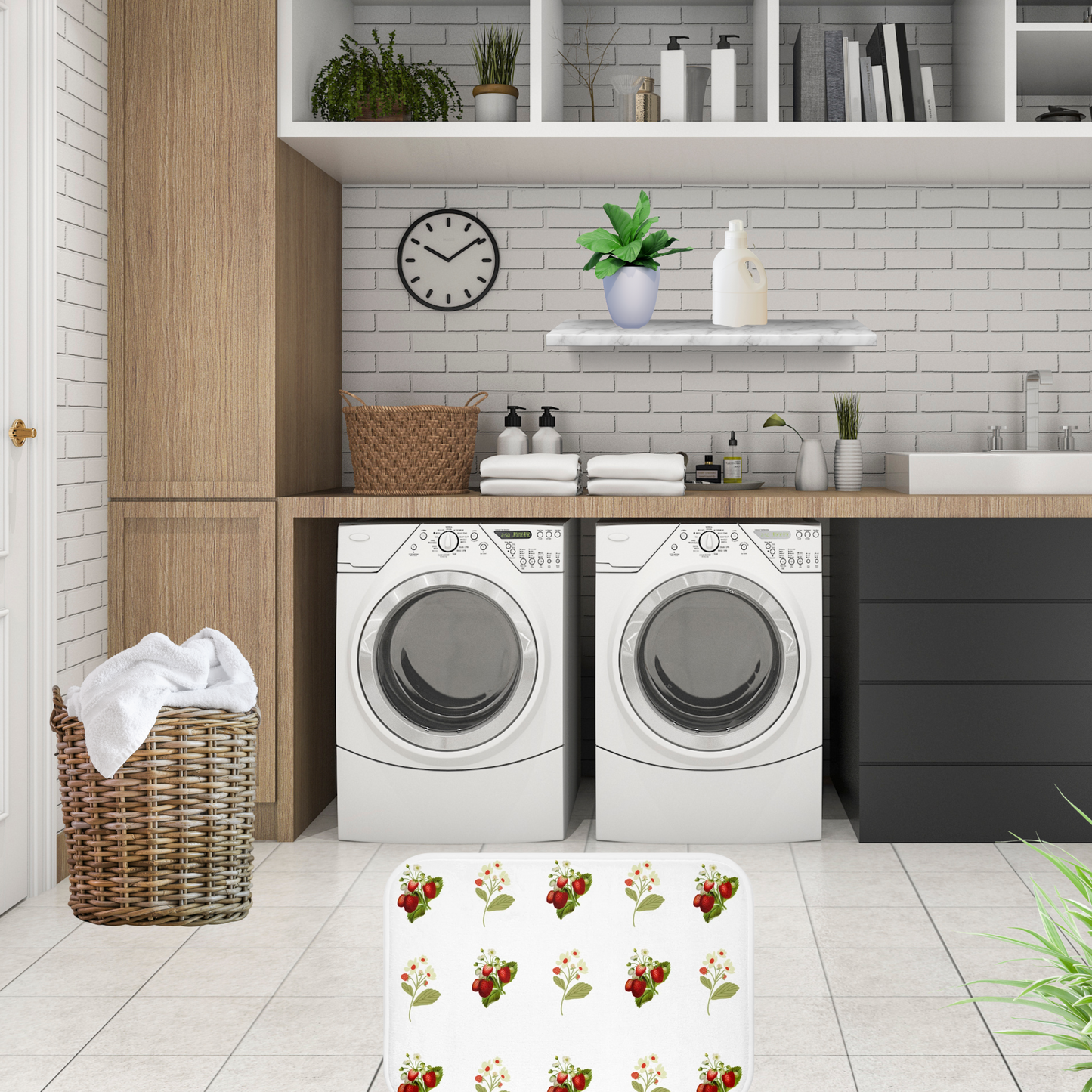  Rug-I Love Strawberries Strawberry  Print shown in a farmhouse style  laundry room