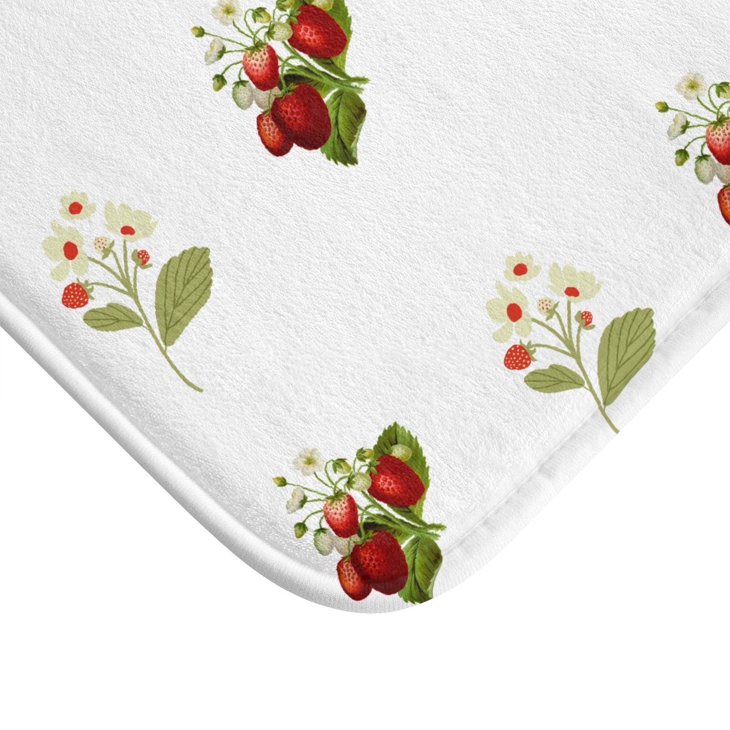 Detail of I Love Strawberries matching kitchen mat