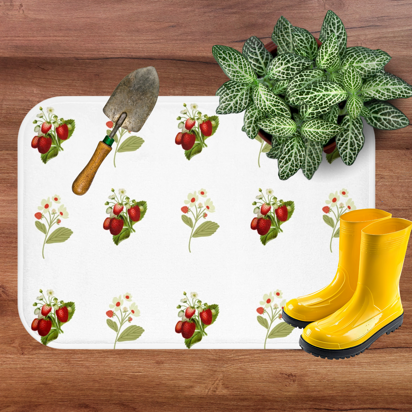 shown with gardening equipment