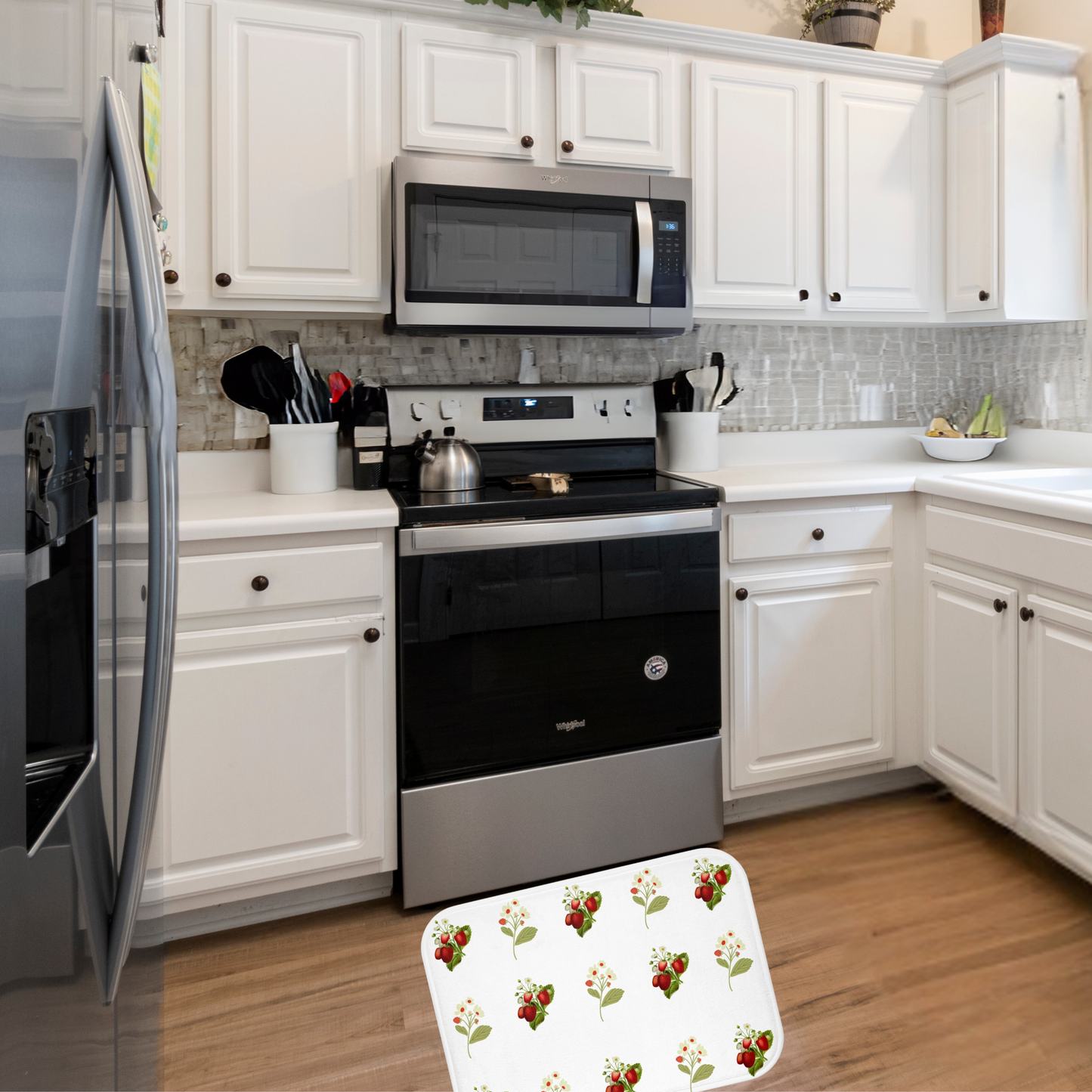 Kitchen Rug-I Love Strawberries Strawberry Print shown in a kitchen setting