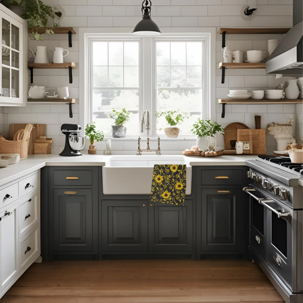 Sunflower Patterned Tea Towel shown in a modern farmhouse style kitchen