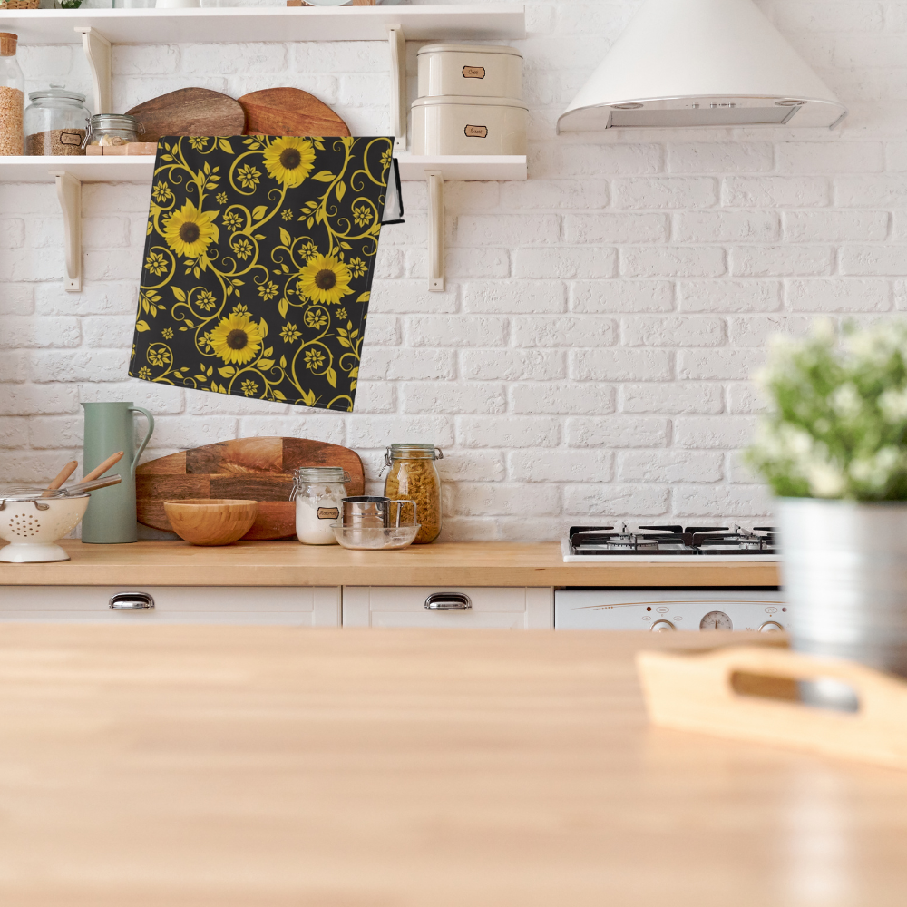 Sunflower Patterned Tea Towel shown in a white farmhouse style kitchen