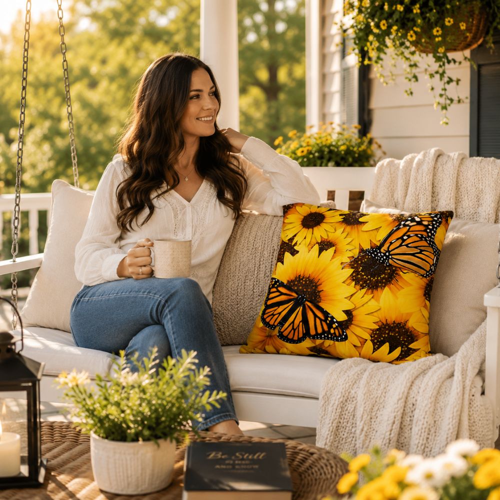 Butterflies and Sunflowers Colorful Outdoor Throw Pillow