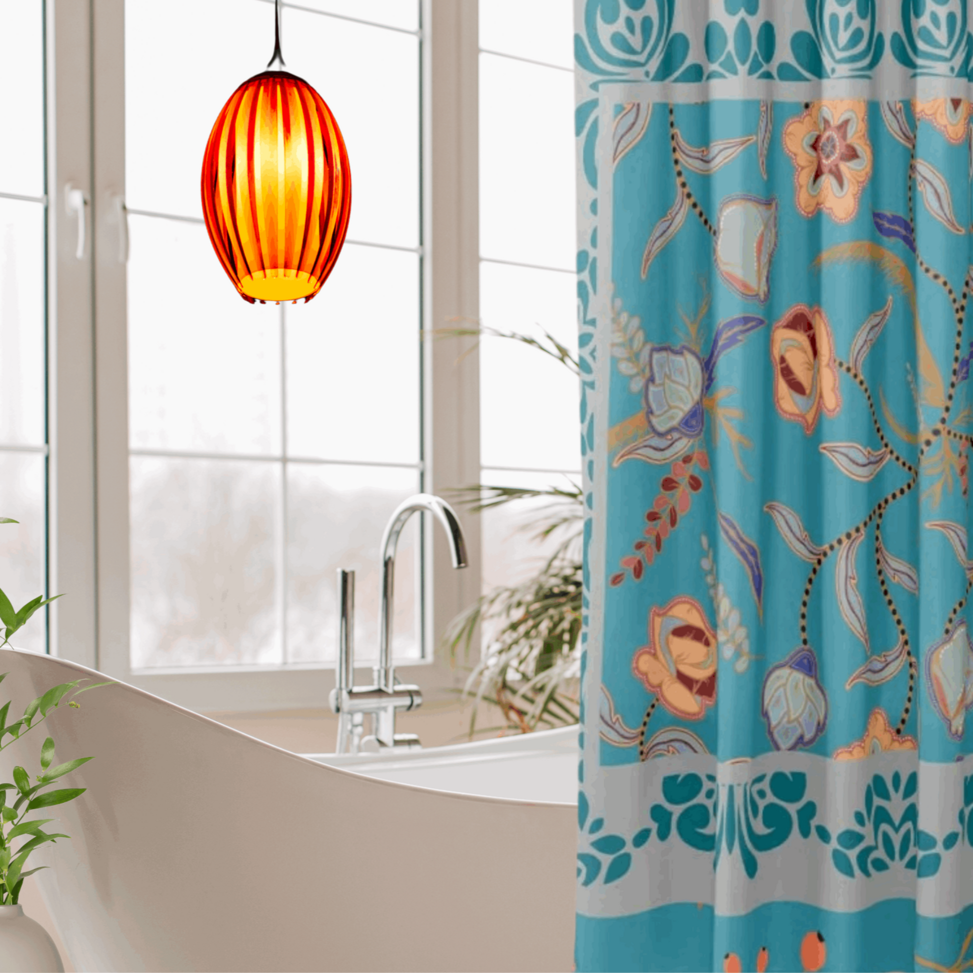 Teal and gray floral shower curtain with large colorful print, modern farmhouse bathroom decor in cottagecore style