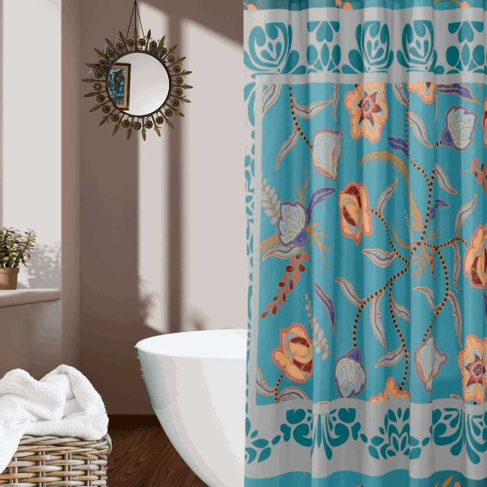 Teal Floral shower curtain with gray border and colorful flowers